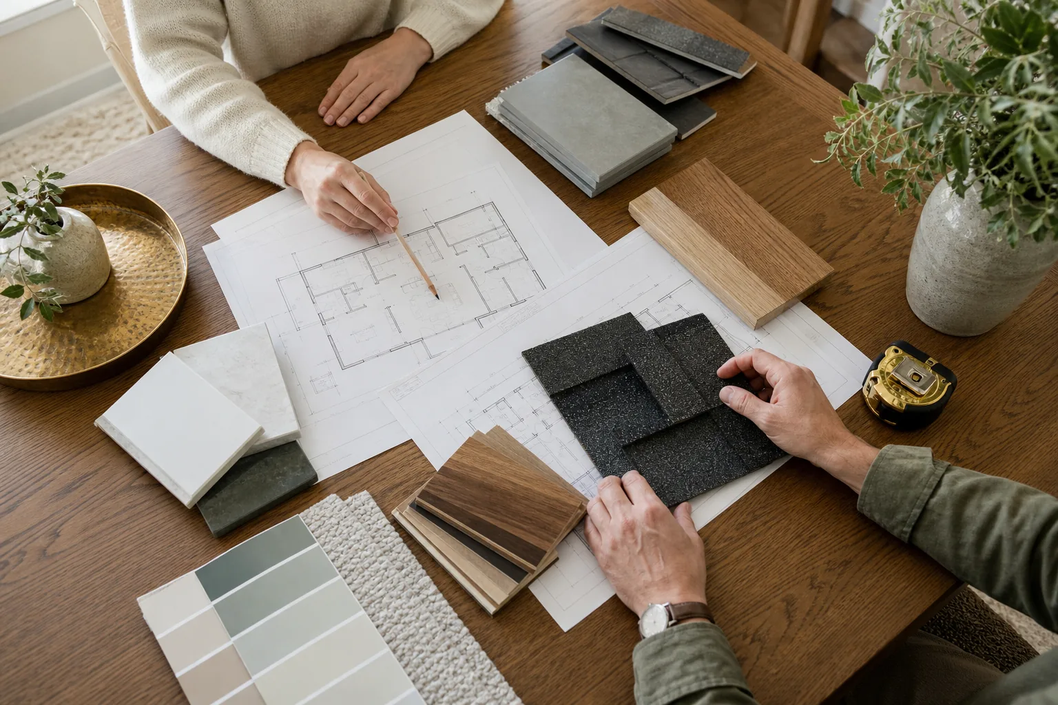 Generated process visualization of homeowners reviewing plans and material samples